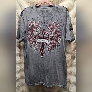 Men's Vintage Affliction Charcoal Winged Cross Tee Sz XL